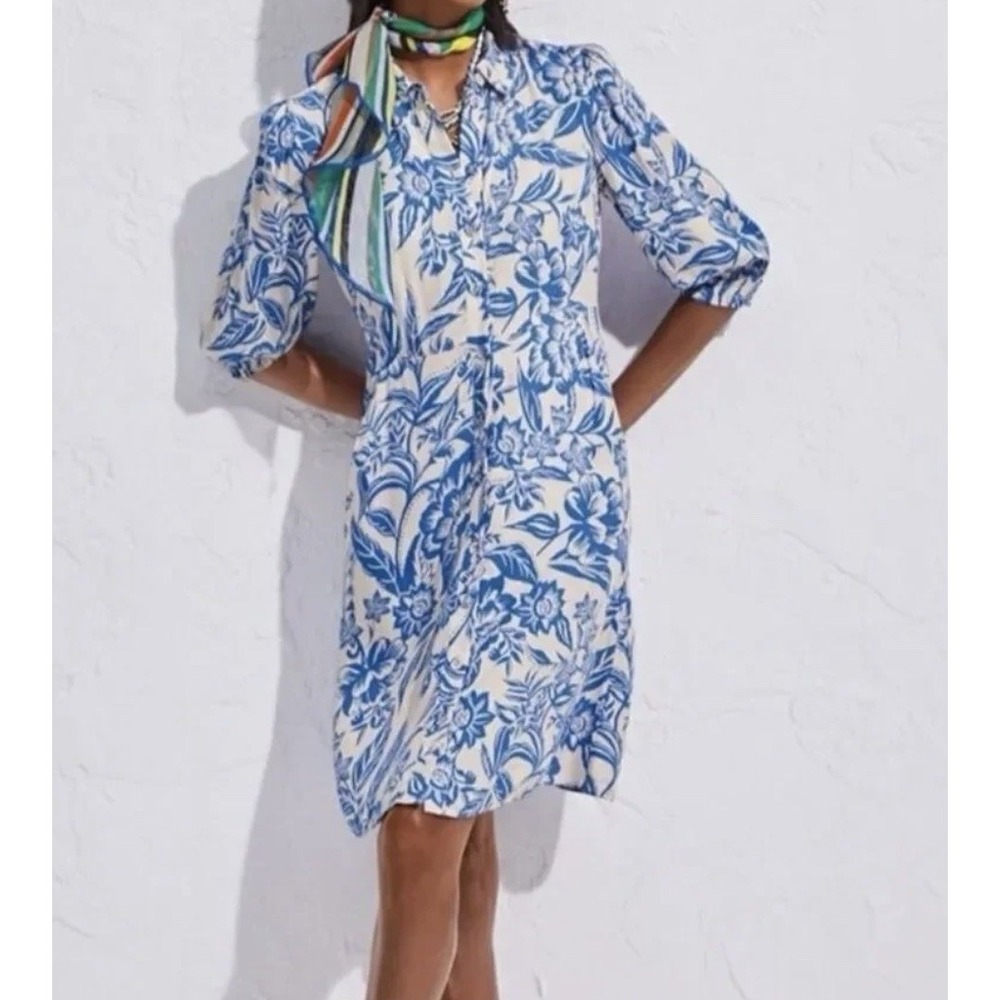 Cabi Athena Dress Blue Floral Coastal‎ Grandmillennial Topper Shirtdress XS